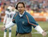 FILE - Miami Dolphins coach Nick Saban complains about a call in the fourth quarter of the Dolphins' 22-0 loss to the Cleveland Browns in Cleveland, in this Sunday, Nov. 20, 2005, file photo. Saban, who has won six national championships at Alabama, went 15-17 in two seasons with the Miami Dolphins. (AP Photo/Amy Sancetta, File)