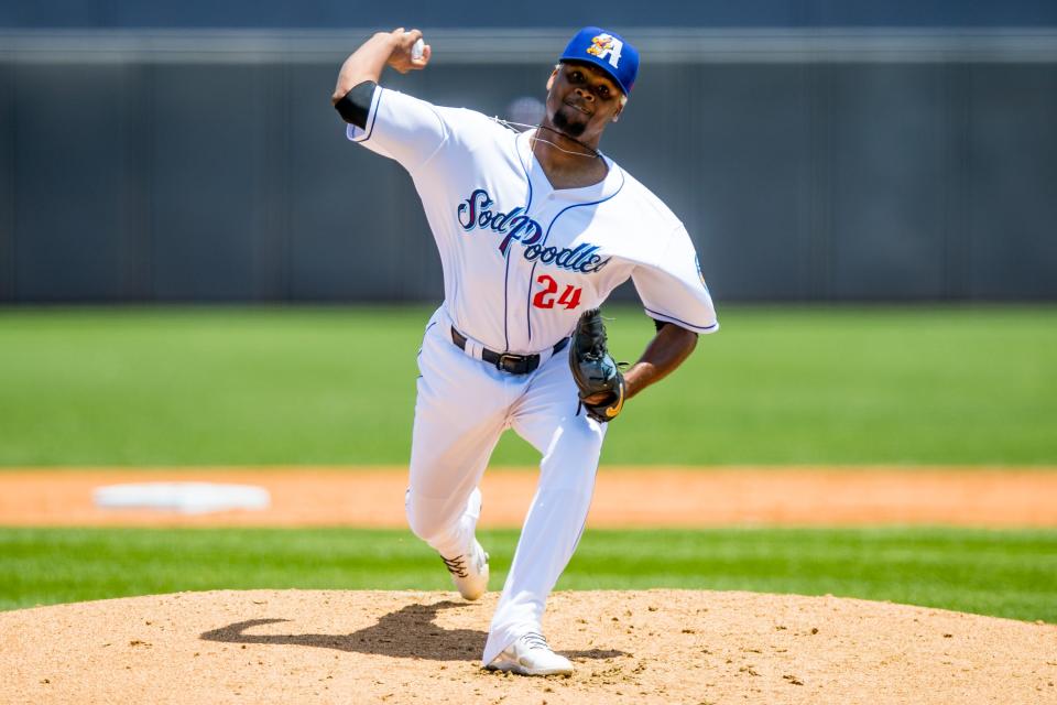 Amarillo Sod Poodles pitcher Deyni Olivero (24) pitches against the Tulsa Drillers on Sunday, May 22, 2022, at HODGETOWN in Amarillo, Texas.