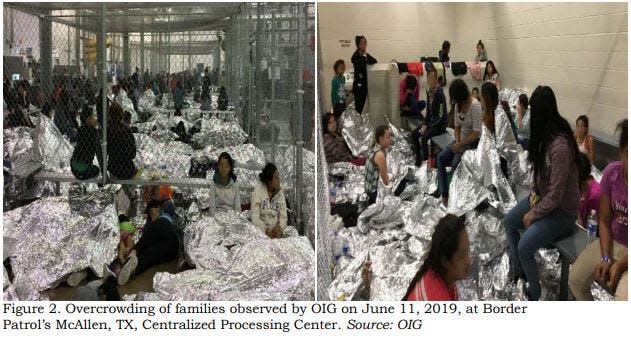 This image released in a report on July 2, 2019 by the Department of Homeland Security's Inspector General Office shows migrant families overcrowding a Border Patrol facility on June 11, 2019 in McAllen, Texas.