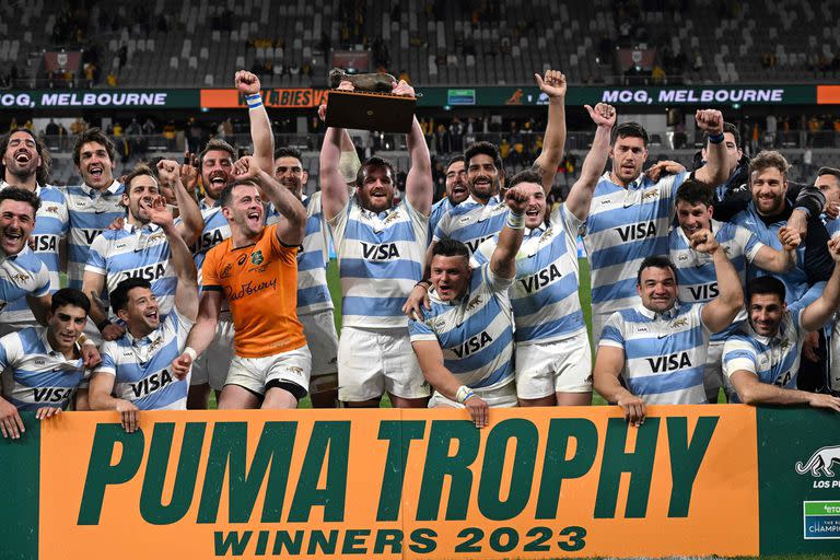 Los Pumas celebran el triunfo ante Australia en el Rugby Championship