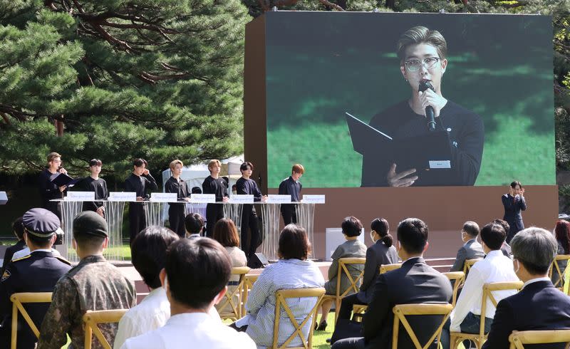 Members of K-Pop boyband BTS attend Youth Day at the Presidential Blue House in Seoul