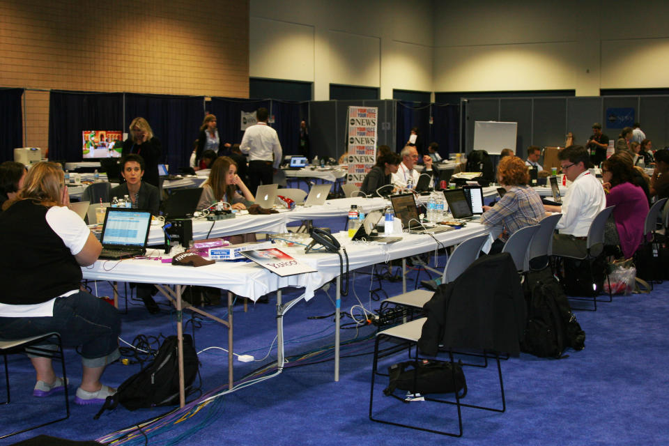 Yahoos hard at work at our ABC News/Yahoo! News workspace at the media filing center a short distance from the Republican National Convention forum, Tuesday Aug. 28, 2012. (Torrey AndersonSchoepe/Yahoo! News)