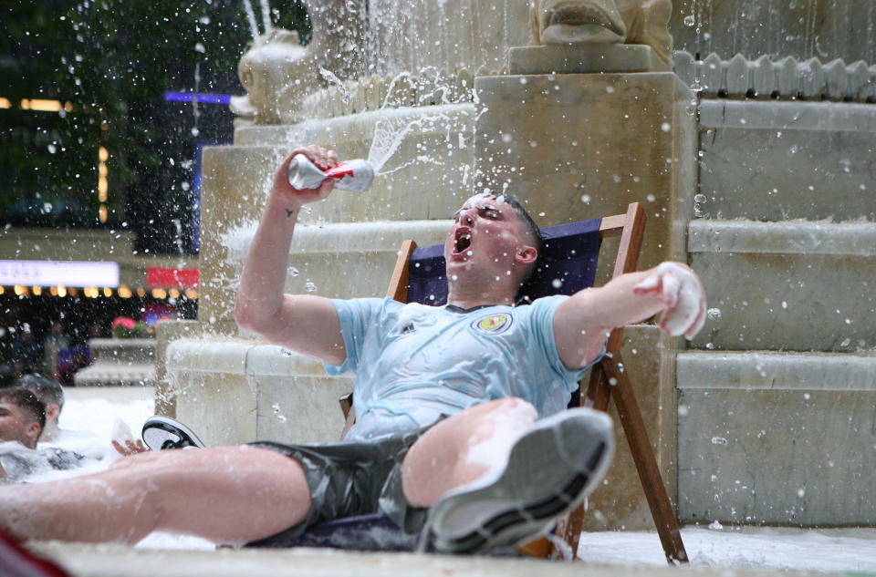 Football fans in Leicester Square, London ahead of the UEFA Euro 2020 Group D match between England and Scotland at Wembley Stadium. Picture date: Thursday June 17, 2021.