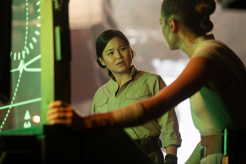 This image released by Disney/Lucasfilm shows Kelly Marie Tran as Rose, left, and Daisy Ridley as Rey in a scene from "Star Wars: The Rise of Skywalker." (Disney/Lucasfilm Ltd.)