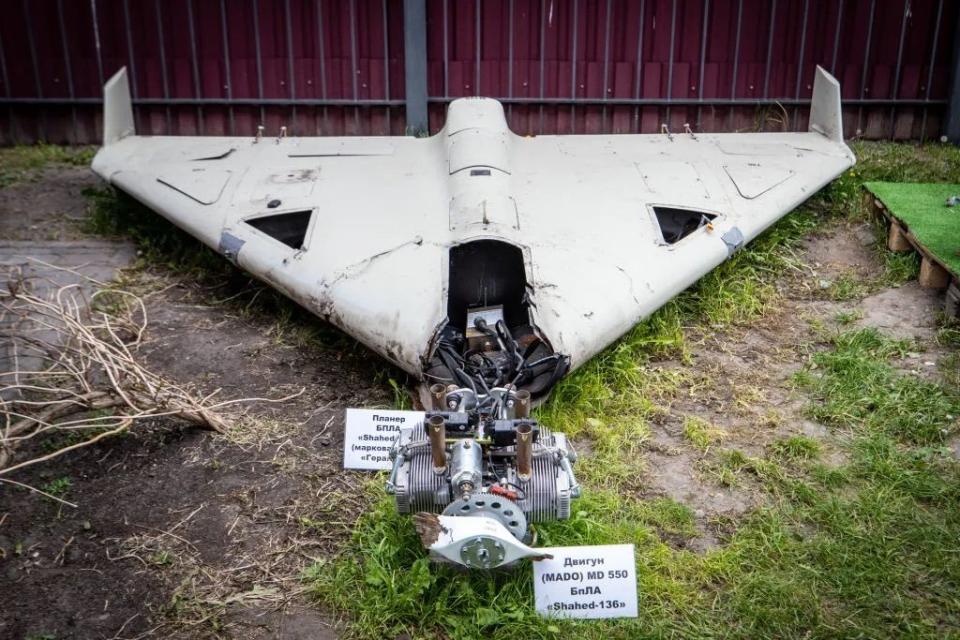 The remnants of a destroyed Russian Shahed drone at an exhibition in Kyiv, Ukraine, on May 12, 2023. (Oleksii Samsonov /Global Images Ukraine via Getty Images)