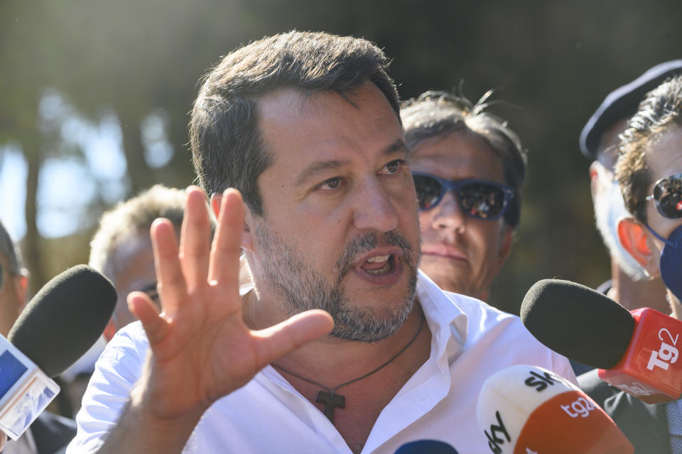 LAMPEDUSA, ITALY - AUGUST 04: Matteo Salvini, former Minister of the Interior and Leader of the right-wing League Party speaks to the members of press during his visit within the election campaign in Italyâs southernmost island of Lampedusa on August 04, 2022. Migration reception center on the island with the capacity of 350 people, has reportedly hosted around 1,800 migrants in the recent days.
 (Photo by Valeria Ferraro/Anadolu Agency via Getty Images)