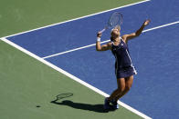 Ashleigh Barty, of Australia, serves to Clara Tauson, of Denmark, during the second round of the US Open tennis championships, Thursday, Sept. 2, 2021, in New York. (AP Photo/Elise Amendola)