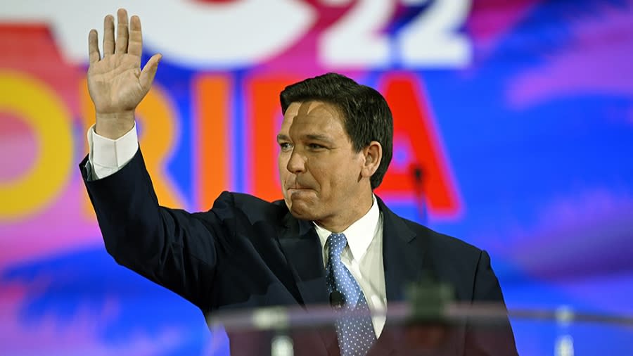 Florida Governor Ron DeSantis (R) speaks at the Conservative Political Action Conference (CPAC) in Orlando, Fla., on Thursday, February 24, 2022