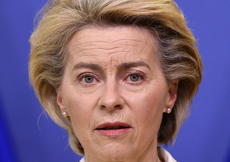 European Commission President Ursula von der Leyen delivers a statement after a meeting of the college of commissioners at EU headquarters in Brussels, Wednesday, April 14, 2021. EU Commission chief Ursula von der Leyen announced plans Wednesday for a major contract extension for COVID-19 vaccines with Pfizer stretching to 2023. (John Thys, Pool via AP)