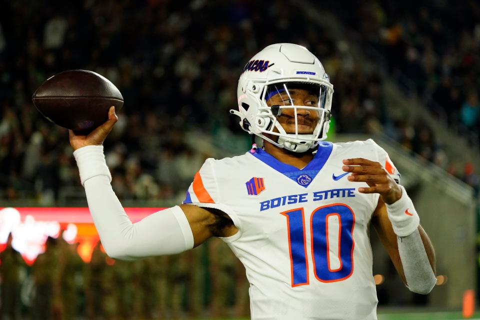 Oct 14, 2023; Fort Collins, Colorado, USA; Boise State Broncos quarterback Taylen Green (10) throws in the first quarter at Sonny Lubick Field at Canvas Stadium. Mandatory Credit: Michael Madrid-USA TODAY Sports