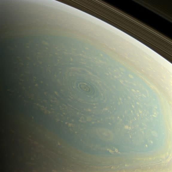 A photo of Saturn's north pole in approximate true color.