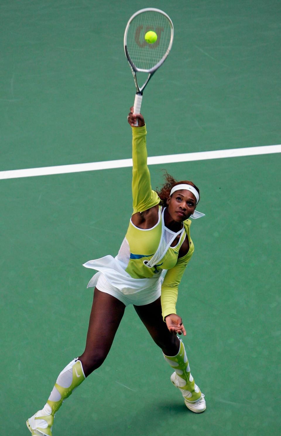 Serena Williams of the USA in action during the warm up before her match against Sania Mirza of India during day five of the Australian Open Grand Slam at Melbourne Park January 21, 2005 in Melbourne, Australia