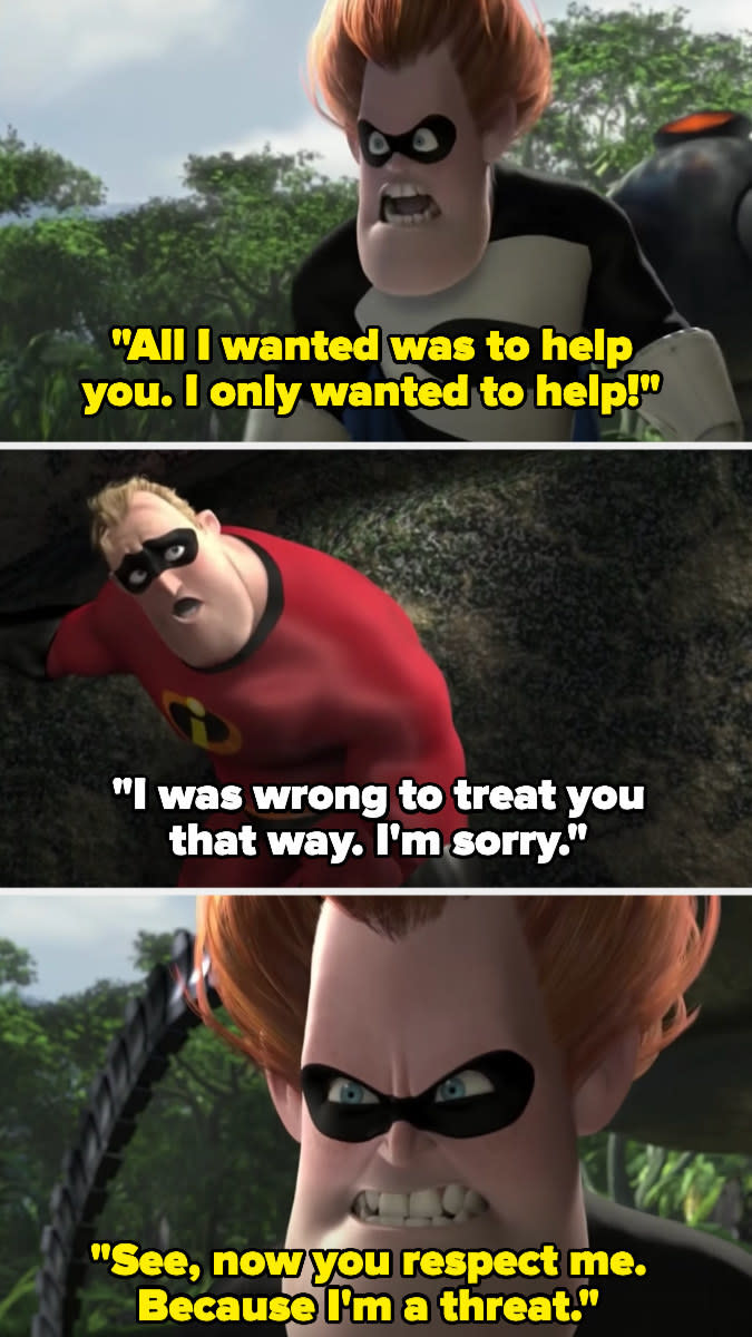 Syndrome says he only wanted to help mr. incredible, and bob apologizes — syndrome says he only respects him now because he's a threat