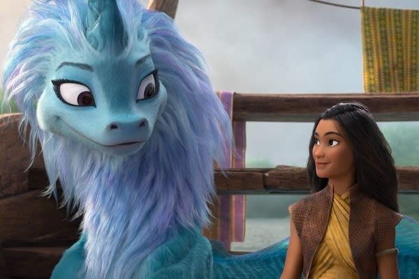 Sisu (voiced by Awkwafina) and Raya (voiced by Kelly Marie Tran) share a knowing look
