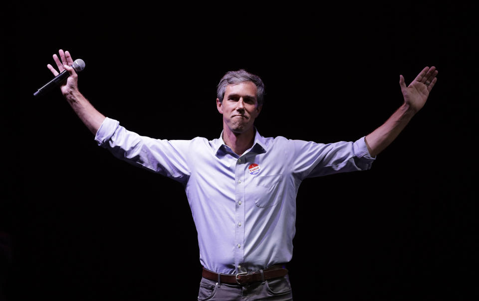 FILE - In this Nov. 6, 2018, file photo, Rep. Beto O'Rourke, D-Texas, the 2018 Democratic Candidate for U.S. Senate in Texas, makes his concession speech at his election night party in El Paso, Texas. O'Rourke formally announced Thursday that he'll seek the 2020 Democratic presidential nomination, ending months of intense speculation over whether he'd try to translate his newfound political celebrity into a White House bid. (AP Photo/Eric Gay, File)