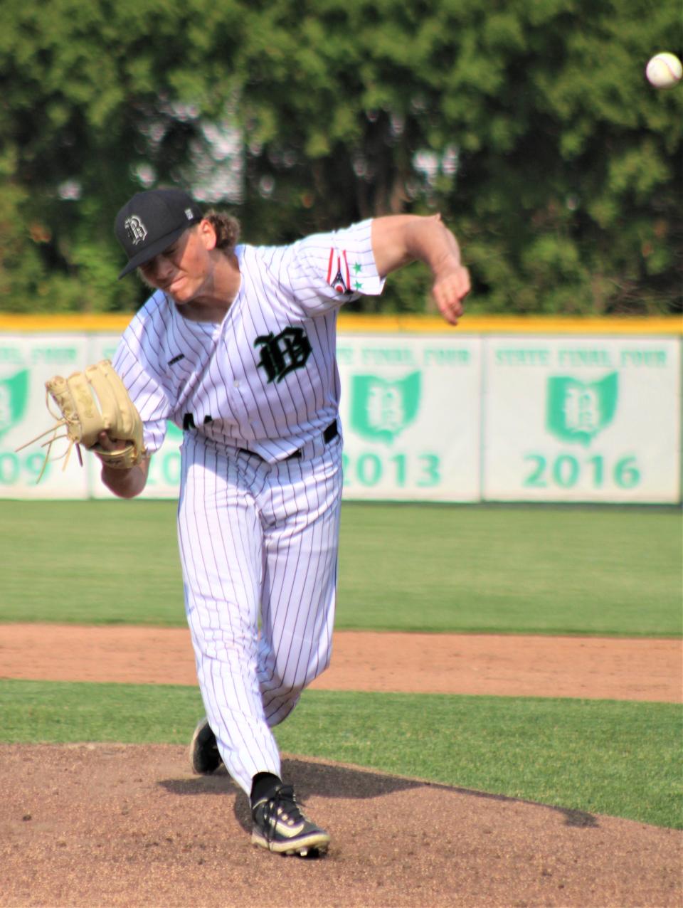 Badin senior pitcher Aiden VanDeHatert delivers a pitch as Hamilton Badin defeated Mt. Healthy 25-0 in an OHSAA Division II baseball sectional tournament game May 18, 2023, at Alumni Field in Joyce Park.