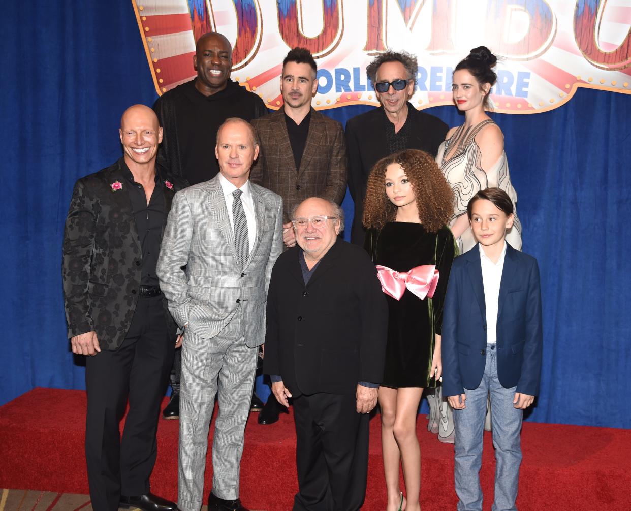 (Left to right:) Deobia Oparei, Colin Farrell, Tim Burton, Eva Green, (Bottom Left to Right:) Joseph Gatt, Michael Keaton, Danny DeVito, Nico Parker and Finley Hobbins attend the premiere of Disney's "Dumbo" on March 11, 2019.