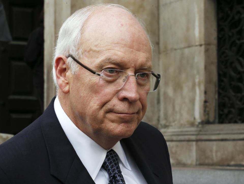 In this April 17, 2013 file photo, former U.S. Vice President Dick Cheney leaves after attending the funeral service of former British Prime Minister Margaret Thatcher at St. Paul's Cathedral, in London. In an interview with CBS' "60 Minutes," Cheney says he once feared that terrorists could use the electrical device that had been implanted near his heart to kill him and had his doctor disable its wireless function. (AP Photo/Olivia Harris, Pool, File)