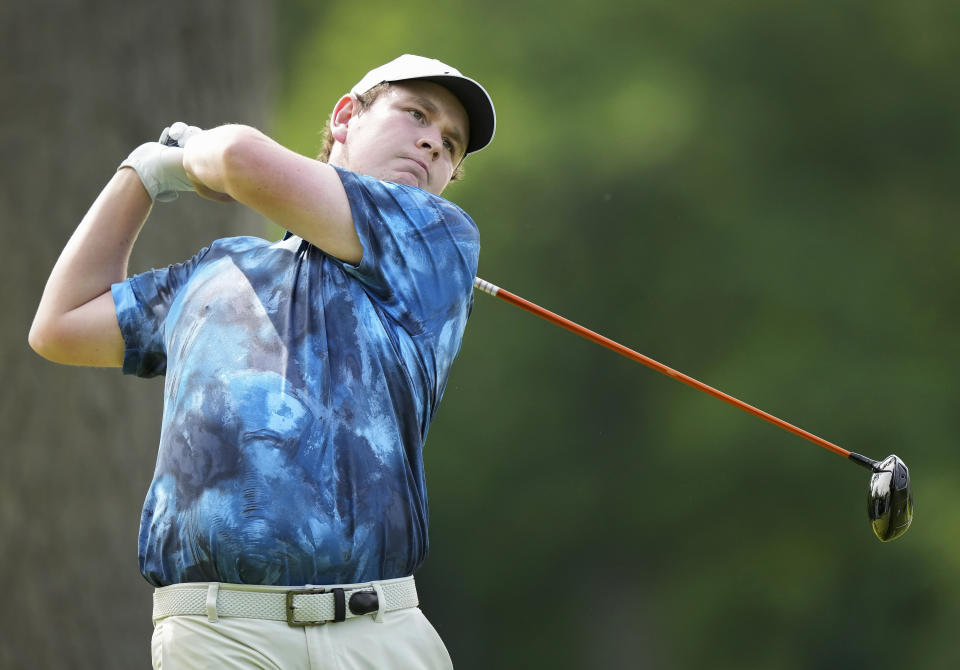 Robert MacIntyre tees off on the fourth hole during the third round of Canadian Open golf tournament in Hamilton, Ontario, Saturday, June 1, 2024. (Nathan Denette/The Canadian Press via AP)