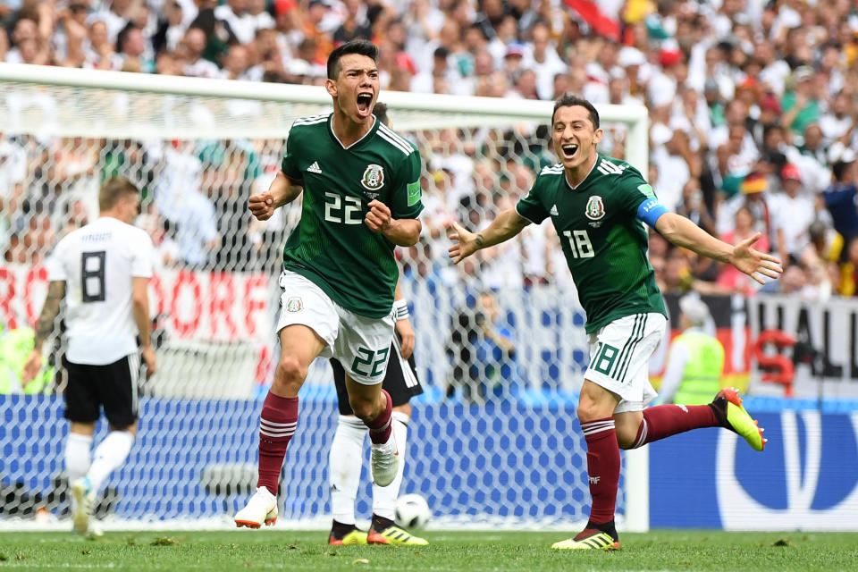 <p>Hirving Lozano of Mexico celebrates by sliding on his knees after scoring his team’s first goal during the 2018 FIFA World Cup Russia group F match between Germany and Mexico at Luzhniki Stadium on June 17, 2018 in Moscow, Russia. (Photo by David Ramos – FIFA/FIFA via Getty Images) </p>