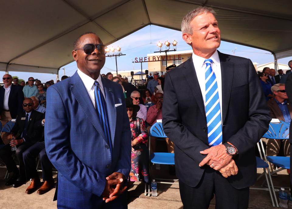 MTSU President Sidney McPhee, left, and Tennessee Governor Bill Lee watch as MTSU airplanes taxi into the Shelbyville Municipal Airport as part of a celebration ceremony for MTSU's Aerospace Campus at the Shelbyville Airport, on Thursday, Sept. 21, 2023.