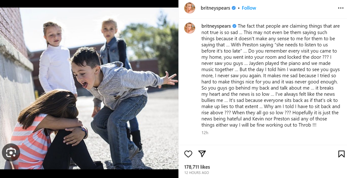 Britney Spears’s post about her sons’ alleged words in the media (Britney Spears / Instagram)