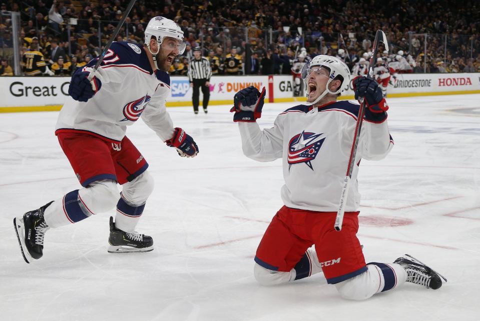 Columbus Blue Jackets center Matt Duchene (95) celebrates scoring the game-winner with left wing Nick Foligno (71) during the second overtime  of Game 2 of the NHL Eastern Conference semifinals against the Boston Bruins at TD Garden in Boston on Saturday, April 27, 2019. [Adam Cairns/Dispatch]