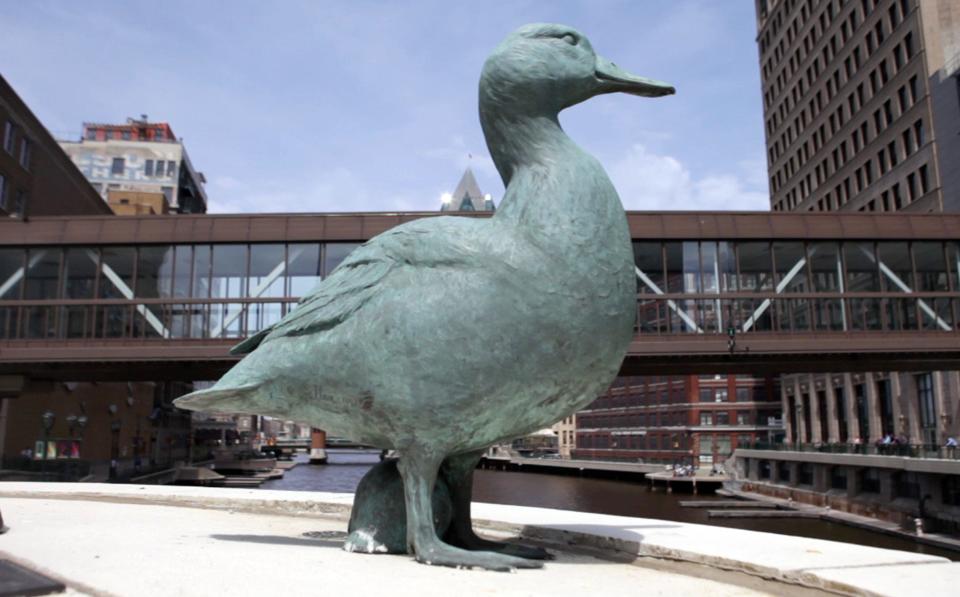 35. On April 28, 1945, the Milwaukee Sentinel and Milwaukee Journal reported a hen mallard had built a nest and laid eggs atop wooden pilings adjacent to the Wisconsin Avenue bridge over the Milwaukee River. A statue to Gertie the Duck marks the spot.
