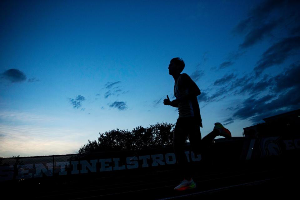 Hayden Tank from SFCA leads the 3200 meters during the Class 1A-District 12 track meet at ECS. He won.  