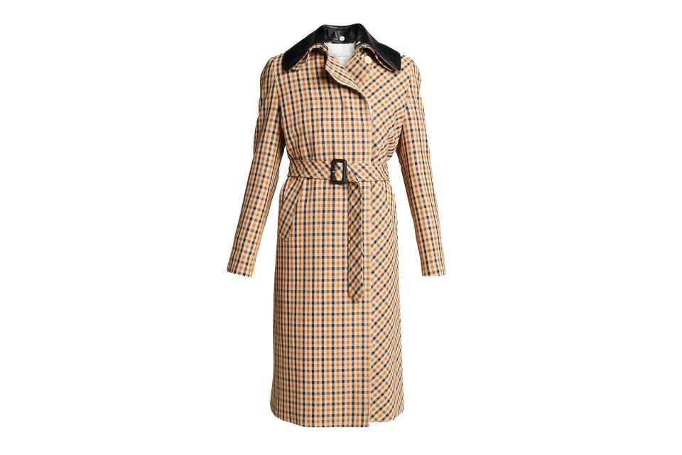 WALES BONNER Multi-Check Belted Trench Coat with Leather Collar