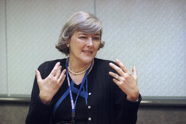 FILE - Pat Schroeder speaks to a reporter during an interview at the Los Angeles Convention Center on April 30, 1999. Schroeder, a former Colorado representative and pioneer for women’s and family rights in Congress, died Monday night, March 13, 2023, at the age of 82. Schroeder's former press secretary, Andrea Camp, said Schroeder suffered a stroke recently and died at a hospital in Florida, the state where she had been residing. (AP Photo/Nick Ut, File)