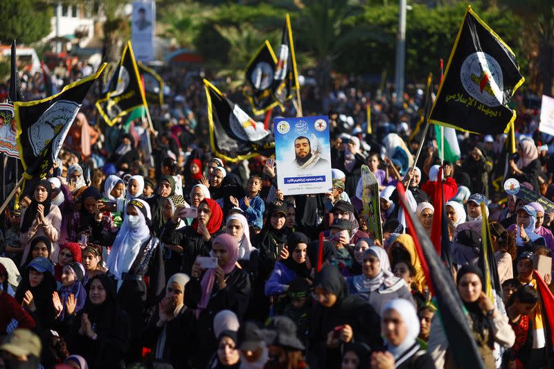 Palestinian Islamic Jihad militants participate in an anti-Israel military parade marking the 36th anniversary of the movement's foundation in Gaza City