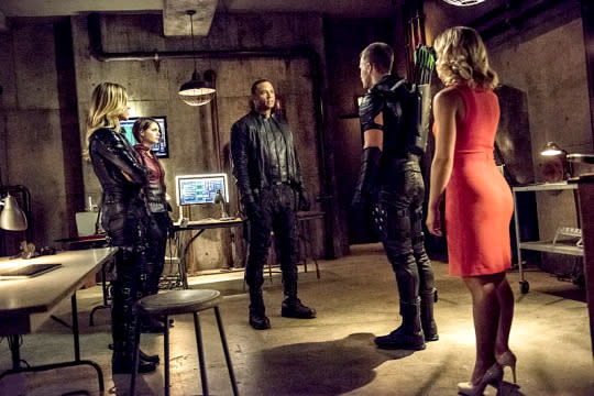 Katie Cassidy as Laurel Lance, Willa Holland as Thea Queen, David Ramsey as John Diggle, Stephen Amell as Oliver Queen and Emily Bett Rickards as Felicity Smoak