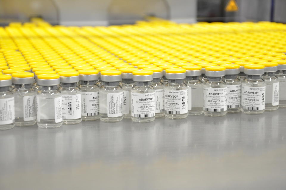 This undated image provided by Novartis shows bottles of Novartis’s Adakveo. U.S. regulators have approved the new sickle cell disease medicine that can prevent extremely painful, dangerous “crises” in which misshapen blood cells clump together, reducing blood and oxygen flow. (Novartis via AP)