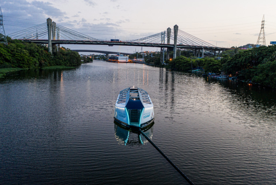 An "Interceptor" is shown in the Rio Ozama in Santo Domingo, Dominican Republic in August 2020. The contraption is designed to clean debris from rivers before it reaches the ocean.