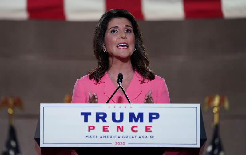 Former U.S. Ambassador to the United Nations Nikki Haley speaks to the 2020 Republican National Convention in a live address from Washington