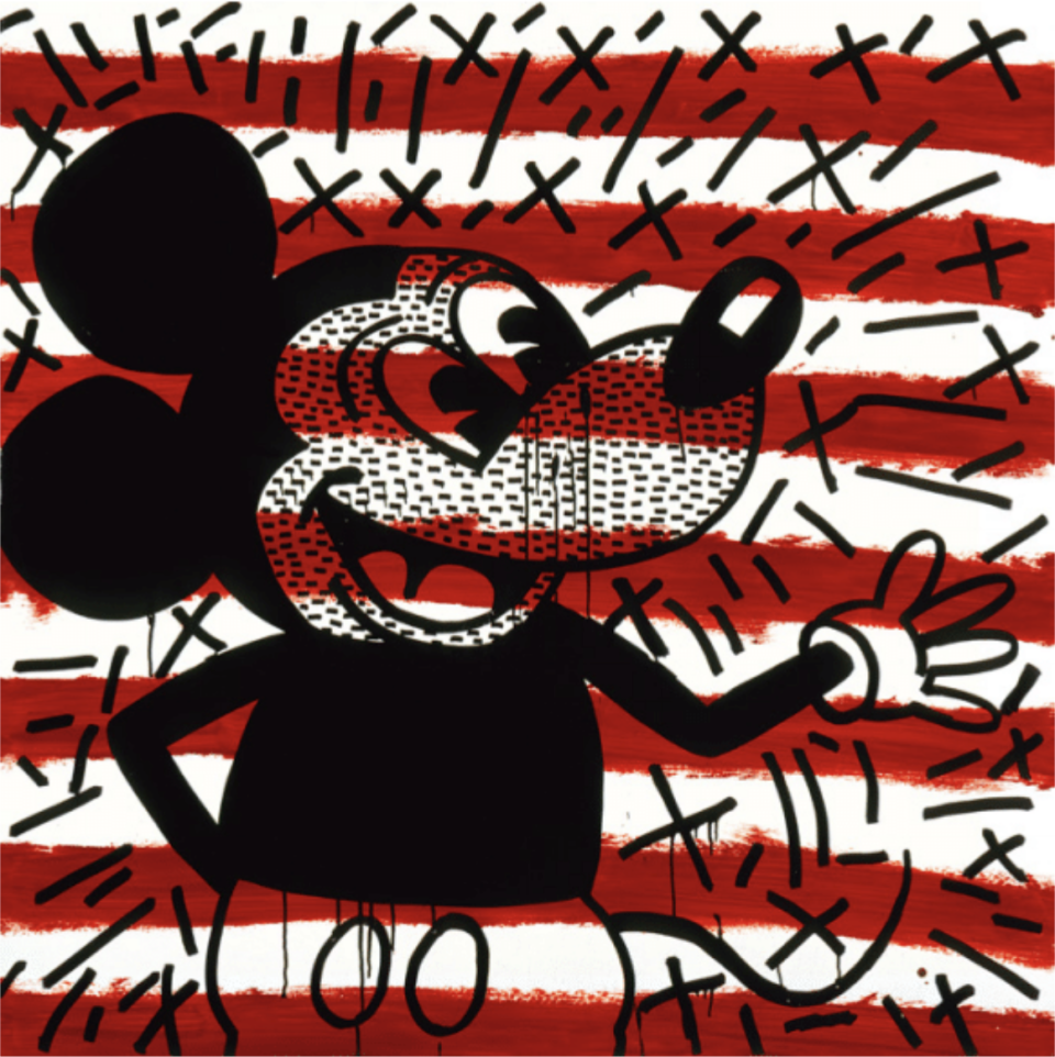 Keith Haring's 1981 Untitled work features Mickey Mouse with enamel on fiberboard.