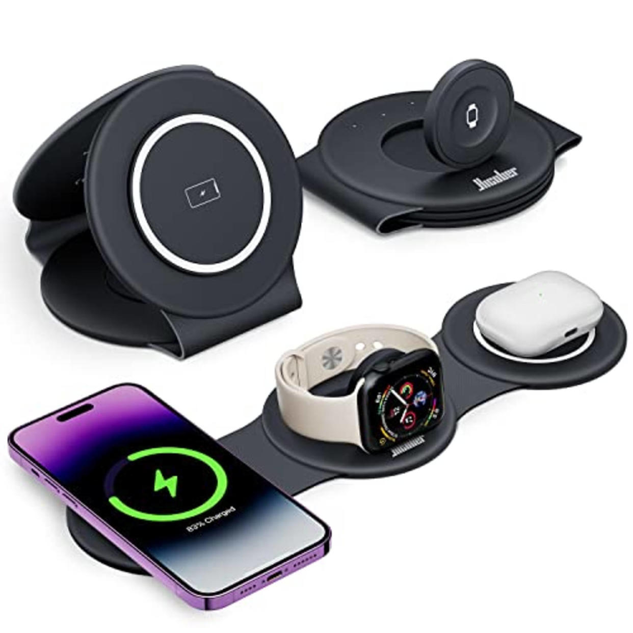 3 in 1 Wireless Charging Station for Apple Watch and iPhone 15, Magnetic Foldable Travel Charger Stand 18W for iPhone 15 / Pro Max Plus 14 13 12 and Apple Watch Series 9 / Utra 1, 2 / Airpods (AMAZON)