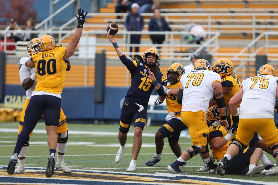 Quarterback Devin Kargman fires a pass at Kent State's spring game Saturday, April 29, 2023, at Dix Stadium in Kent, Ohio.