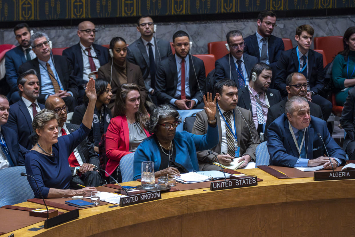 Several Security Council members seated at United Nations headquarters in New York City.