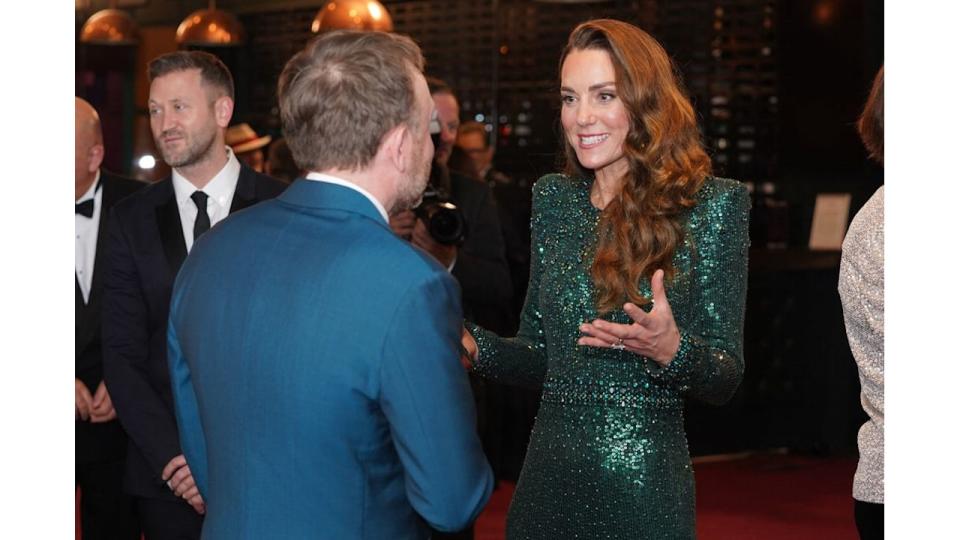 Princess Kate speaks with Chris McCausland at the Royal Variety Performance at the Royal Albert Hall in 2021 