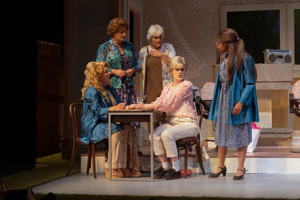 Tina Coppock as "Truvy," Patricia Knowles as "Clairee," Linda Nicoli as "Ouiser," Savannah Lee as "Shelby" and Breeanna Streeter as "Annelle" in the play "Steel Magnolias," on stage at Cocoa Village Playhouse through March 19, 2023. Visit cocoavillageplayhouse.com.