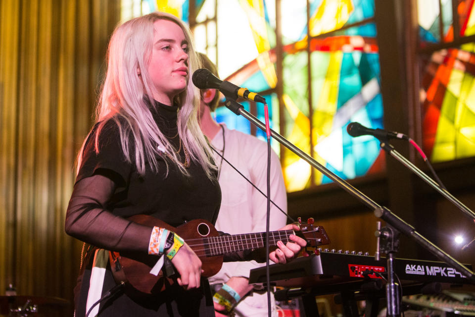 AUSTIN, TX - MARCH 16:  Billie Eilish performs at the Central Presbyterian Church on March 16, 2017 in Austin, Texas.  (Photo by Lorne Thomson/Redferns)