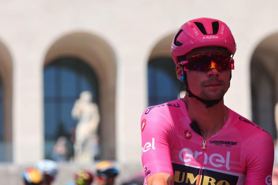 Overall leader JumboVismas Slovenian rider Primoz Roglic prepares to take the start of the twentyfirst and last stage of the Giro dItalia 2023 cycling race 135 km in and around Rome on May 28 2023 Photo by Luca Bettini  AFP Photo by LUCA BETTINIAFP via Getty Images