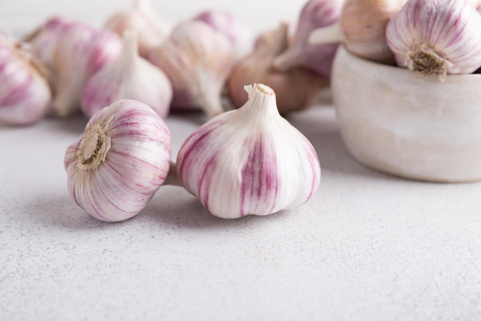 garlic bulbs with garlic cloves, vegetable harvest, close-up