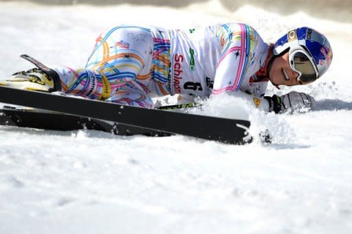 Lindsey Vonn reacts in the finish area of the giant slalom during the women's Alpine skiing World Cup Slalom finals in Austria