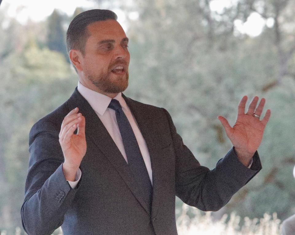 Erik Jensen speaks during the candidates forum hosted by the Redding Republican Women Federated at the Gold Hills Golf Club on Wednesday, May 11, 2022. Jensen is running against incumbent Stephanie Bridgett for the office of Shasta County district attorney.