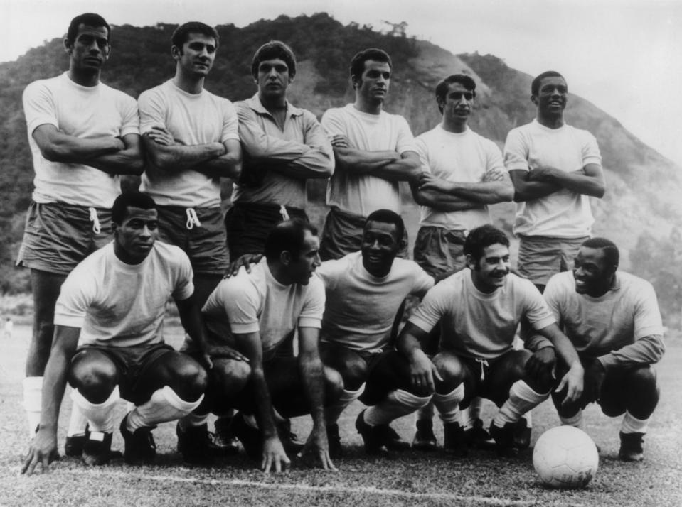 The Brazilian football team, 18th May 1970. (Back row left to right) Carlos Alberto, Baldocchi, Ado, Fontana, Piazza and Marco Antonio; (front row) Jairzinho, Gerson, Pele, Rivelino and Edu. (Getty Images)