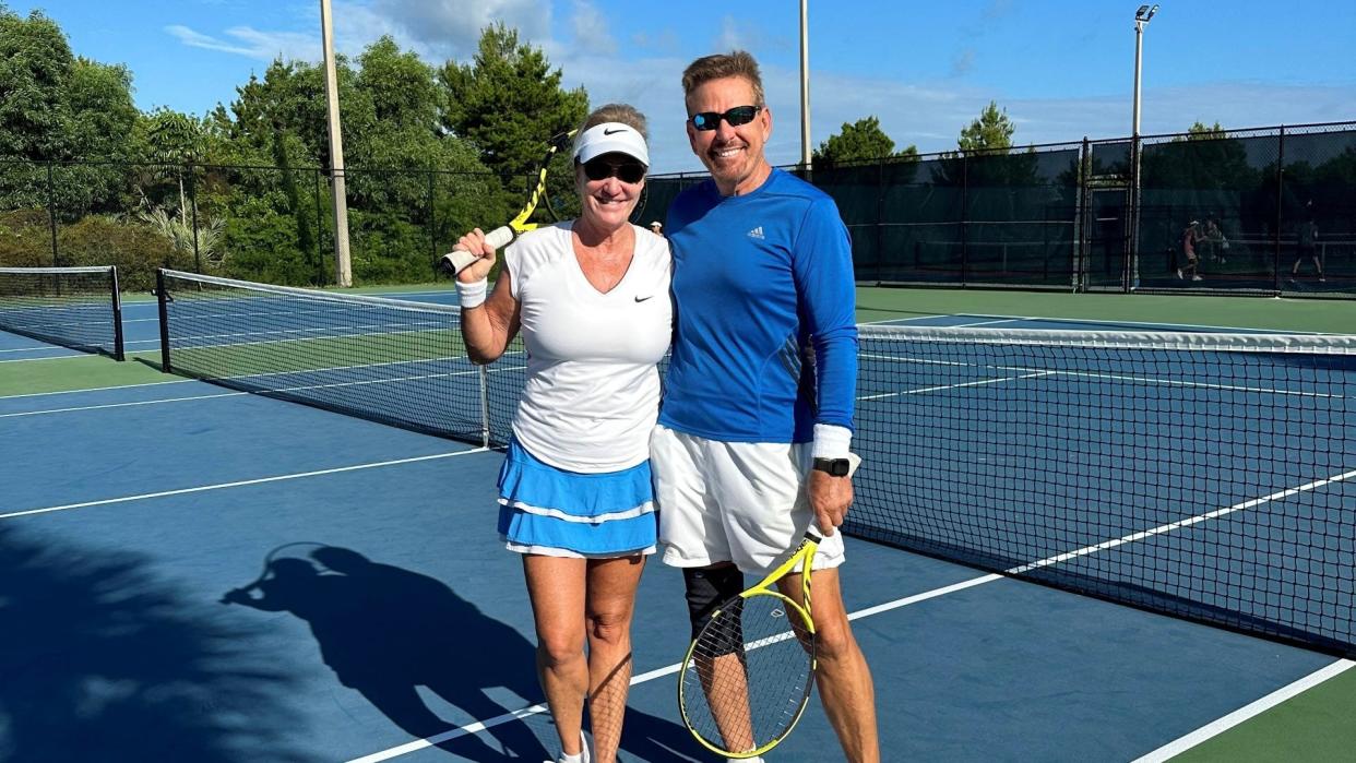 From left to right: Tequesta residents and tennis enthusiasts Paige Jack, 57, with Curtis Shenkman, 64, at Tequesta Park.