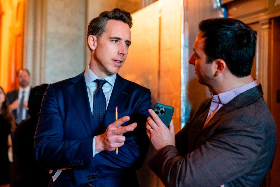 U.S. Sen. Josh Hawley, R-Missouri, speaks to reporters outside the Senate chambers on Tuesday, April 16, 2024, at the U.S. Capitol in Washington, D.C. Federal legislators, led by Hawley, have been pushing to expand the Radiation Exposure Compensation Act to include other “downwinders.”